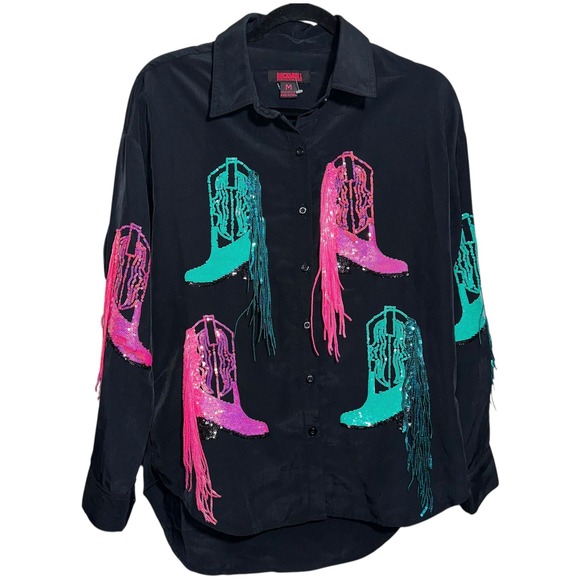 Rock & Roll Denim Tops - Rock & Roll Denim Western Shirt Sequin Fringe Boots Black Womens M